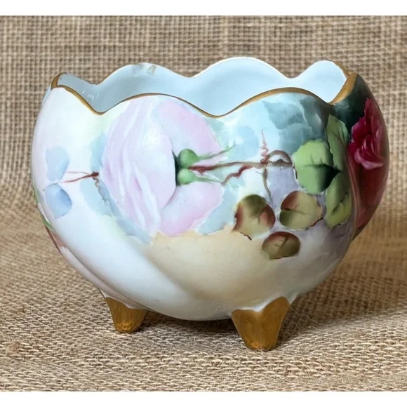 Vintage Hand Painted Floral Pedestal Bowl Candy Dish Planter Gold Trim Elegant - Picture 2 of 8